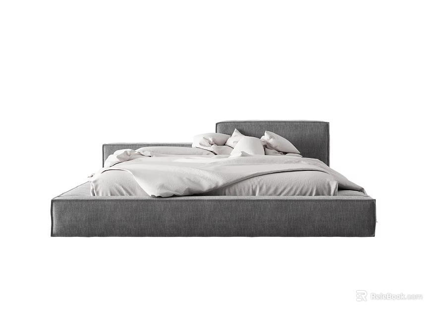 Modern Gray Upholstered Double Bed With White Bedding And Pillows 3d model