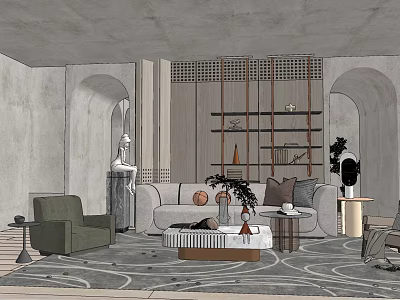 Modern Sofa Coffee Table Set with Decorative Vases Sculpture and Green Plants 3d model
