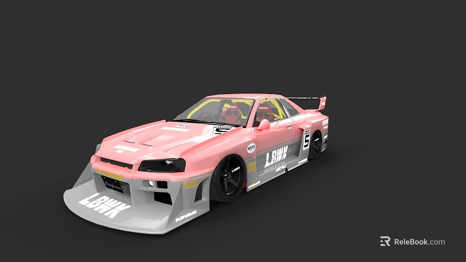 Pink Race Car With Wide Body Kit Rear Spoiler And Decals 3d model 