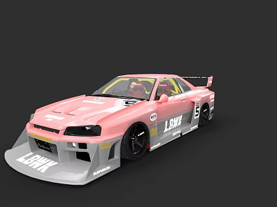 Pink Race Car With Wide Body Kit Rear Spoiler And Decals 3d model