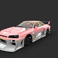 Pink Race Car With Wide Body Kit Rear Spoiler And Decals