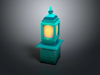 Green Outdoor Square Lamp Post With Yellow Light And Textured Base 3d model