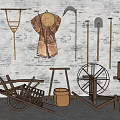 Rustic Garden Ornaments With Vintage Wooden Tools Hay Bundle And Wheelbarrow On White Brick Wall
