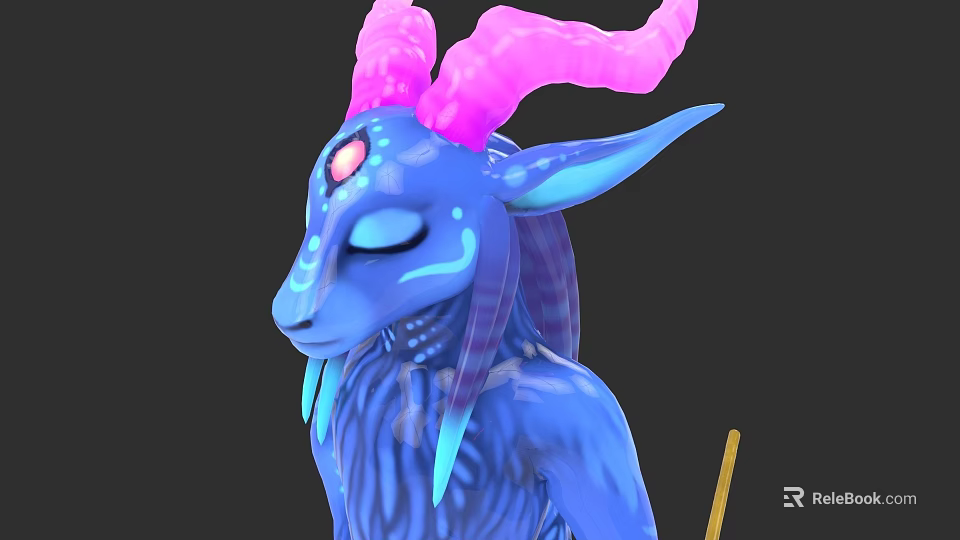 Mystical Blue Creature With Pink Spiral Horns Red Gem Forehead Closed Eyes And Yellow Staff 3d model 
