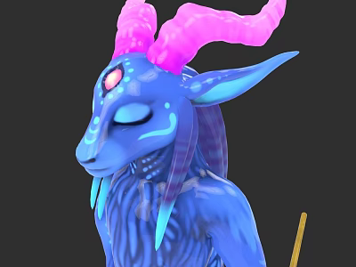 Mystical Blue Creature With Pink Spiral Horns Red Gem Forehead Closed Eyes And Yellow Staff 3d model