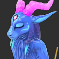 Mystical Blue Creature With Pink Spiral Horns Red Gem Forehead Closed Eyes And Yellow Staff