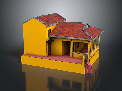 Traditional Yellow Building With Red Roof And Ornate Wooden Porch Structure 3d model