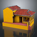 Traditional Yellow Building With Red Roof And Ornate Wooden Porch Structure