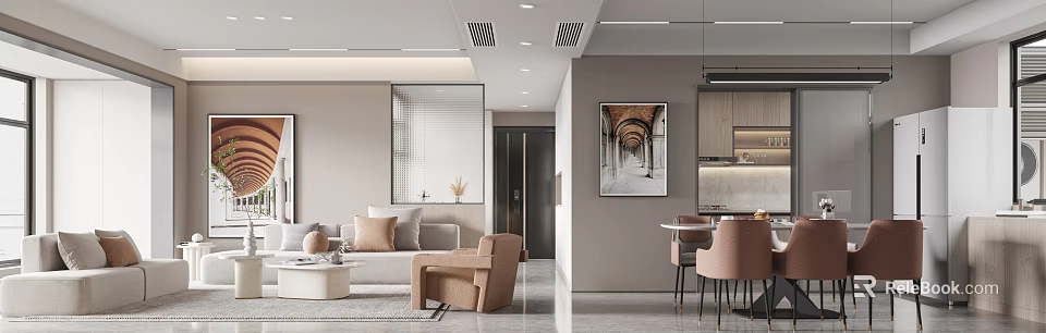 Modern Living Dining Room Interior With Sofa Chairs Dining Table And Wall Artwork 3d model