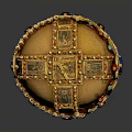 Ornate Golden Household Decorative Item With Cross Gemstones And Hanging Tassels