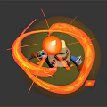 Wizard in White Hat Blue Outfit Casting Fire with Flaming Staff Surrounded by Fire Swirls