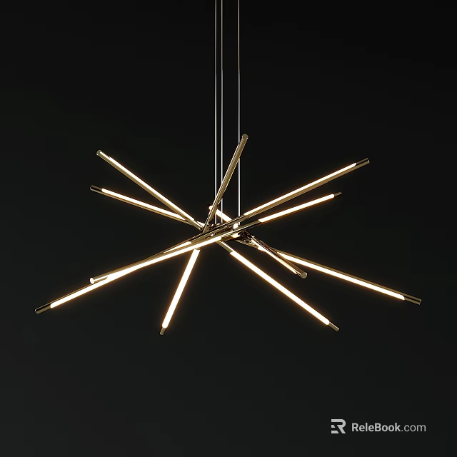 Modern Spiral Chandelier Design With Elongated Metallic Light Tubes Illuminated Against Black Background 3d model 