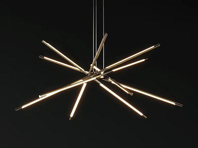 Modern Spiral Chandelier Design With Elongated Metallic Light Tubes Illuminated Against Black Background 3d model