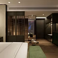 Modern Hotel Guest Room Interior with Green Headboard White Bed Linens and Wooden Flooring