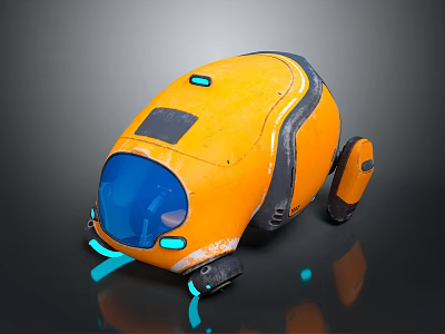 Small Orange Futuristic Robot With Blue Transparent Cockpit And Glowing Lights 3d model