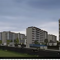 Modern Multi storey Residential Buildings Surrounded By Trees Near Road With Vehicles And Pedestrians