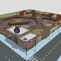 Cartoon Town Scene With Colorful Buildings Streets Street Lamps And Bus Stop