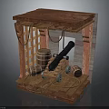 Medieval Cannon Weapon Display Featuring Wooden Structure And Barrels