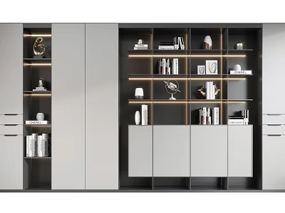 Modern Bookcase Design With Layered Shelves Books Decorative Items And Photo Frames 3d model