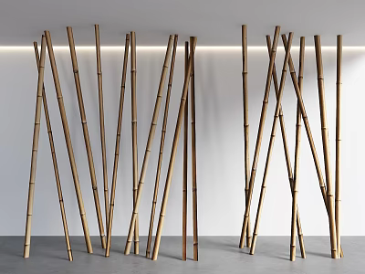 Natural Bamboo Poles Arranged As Indoor Decorative Screen With Soft Lighting 3d model