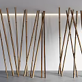 Natural Bamboo Poles Arranged As Indoor Decorative Screen With Soft Lighting