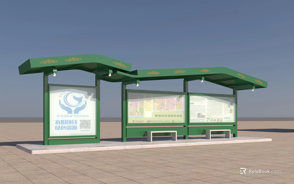 Modern Green Bus Stop Shelter With Information Boards And Benches Outdoor 3d model 