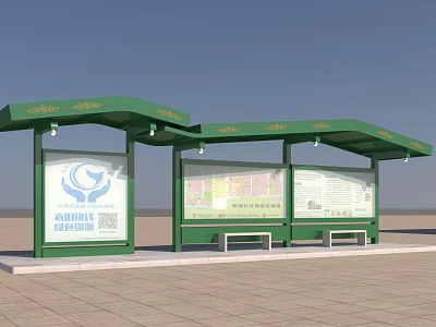 Modern Green Bus Stop Shelter With Information Boards And Benches Outdoor 3d model