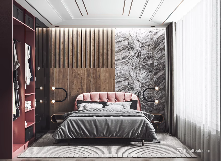Bedroom Interior With Red Wardrobe Pink Headboard Gray Bedding Wooden Marble Walls Circular Lamps 3d model 