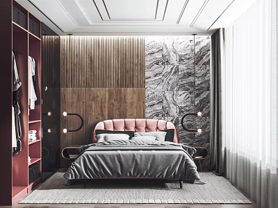 Bedroom Interior With Red Wardrobe Pink Headboard Gray Bedding Wooden Marble Walls Circular Lamps 3d model