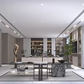 Modern Office Interior Design With Large Windows City View TV Screen Orange Shelves And Plants