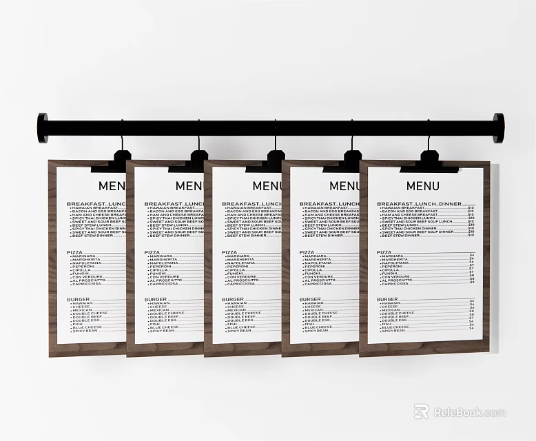 Commercial Menu Boards Hanging On Black Rod With Wooden Frames For Restaurant 3d model 