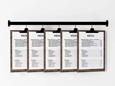 Commercial Menu Boards Hanging On Black Rod With Wooden Frames For Restaurant 3d model