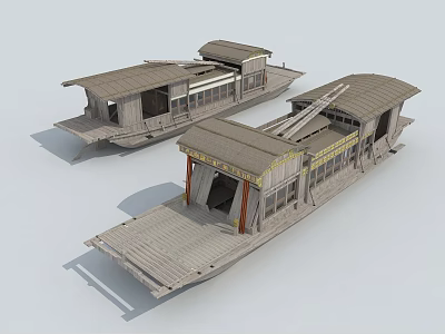 Two Classic Traditional Chinese Wooden Boats With Roof And Windows 3d model