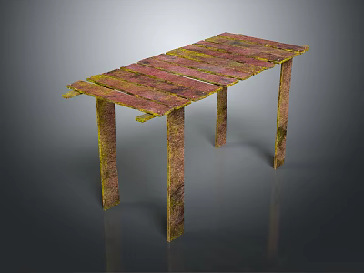 Rustic Handcrafted Wooden Table With Red Yellow Planked Tabletop And Textured Legs 3d model