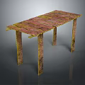 Rustic Handcrafted Wooden Table With Red Yellow Planked Tabletop And Textured Legs