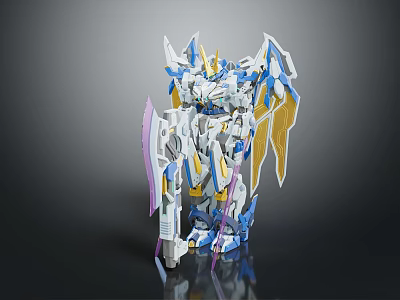 Detailed Blue White Yellow Purple Robot Model With Mechanical Wings And Weapons 3d model