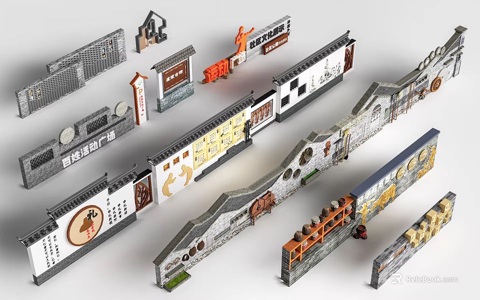 Traditional Chinese Scenic Wall Designs With Decorative Patterns Calligraphy And Architectural Features 3d model 