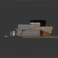 Detailed Scene Component With Curved Red Seats Table Cloth Black Box And Orange Cushion