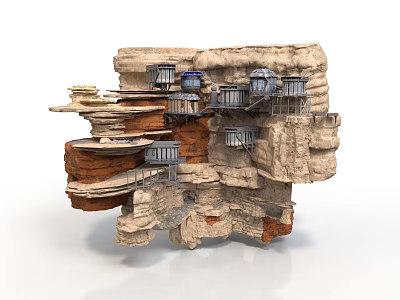 Rock Cliff Building Structure With Multi Level Platforms And Metal Houses 3d model