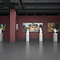 Modern Art Gallery Exhibition Hall With Paintings Sculptures Green Red Walls And White Pedestals