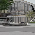 Modern Commercial Complex With Glass Facade Retail Shops Parking Area And Landscaped Gardens 3d model