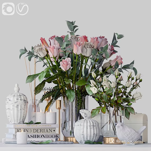 Elegant Ornamental Decor Set With Roses Vases Candles And Decorative Boxes 3d model 