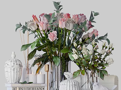 Elegant Ornamental Decor Set With Roses Vases Candles And Decorative Boxes 3d model
