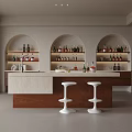 Minimalist Home Bar Design With Arched Built In Wine Shelves And Stylish White Bar Stools