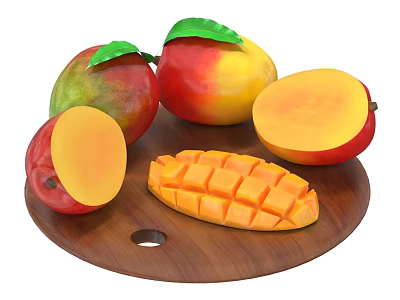 Fresh Whole and Sliced Mango with Cubed Pieces and Green Leaves on Wooden Board 3d model