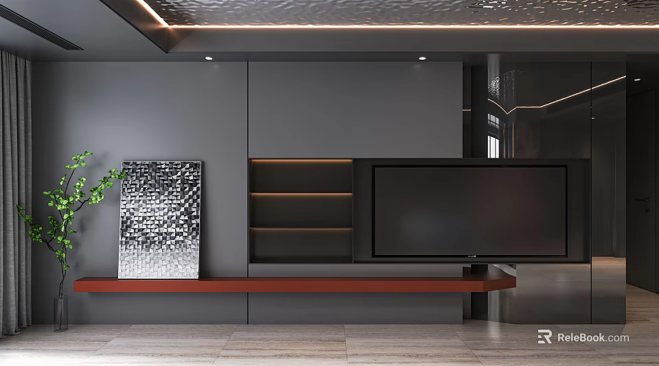 Modern Elegant TV Background Wall With Gray Panel Wooden Shelf And Decorative Painting 3d model 