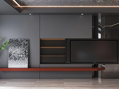 Modern Elegant TV Background Wall With Gray Panel Wooden Shelf And Decorative Painting 3d model