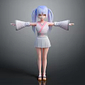 Anime Style Female 3D Character With Blue Hair Kimono Top Pink Sash And White Skirt