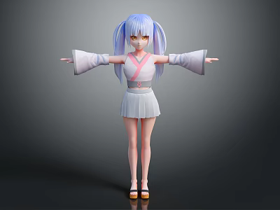Anime Style Female 3D Character With Blue Hair Kimono Top Pink Sash And White Skirt 3d model