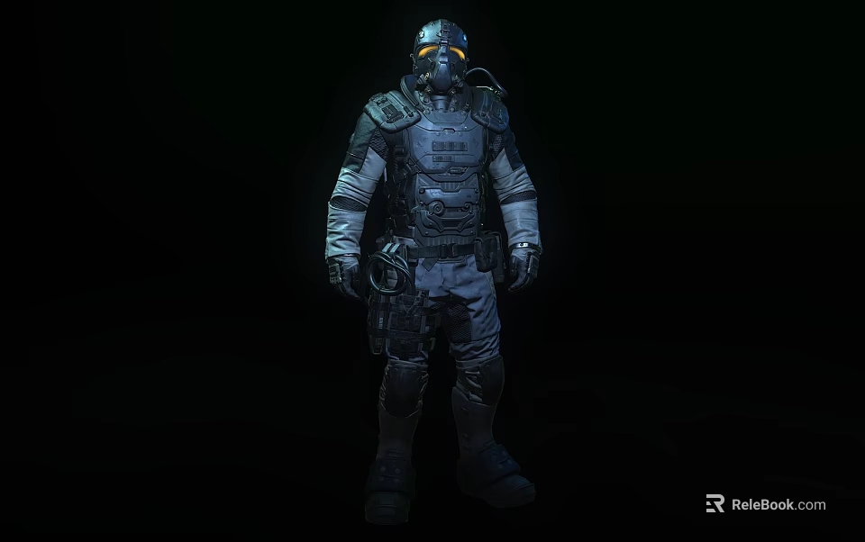 Man in full protective suit with helmet and breathing apparatus standing against dark background 3d model 